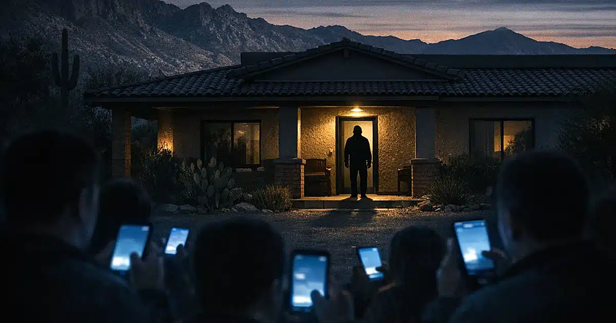 Silhouetted figure on illuminated porch with glowing phones in foreground and Arizona desert mountains behind