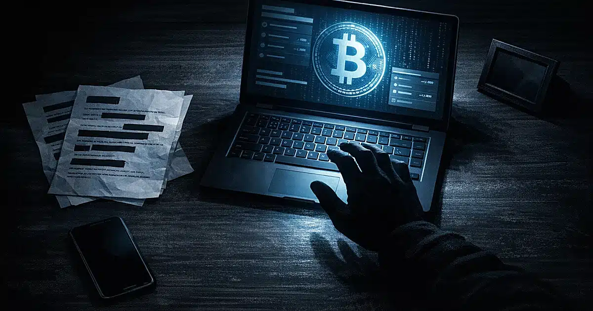 Silhouetted hand at laptop showing bitcoin symbol with scattered ransom notes on dark desk