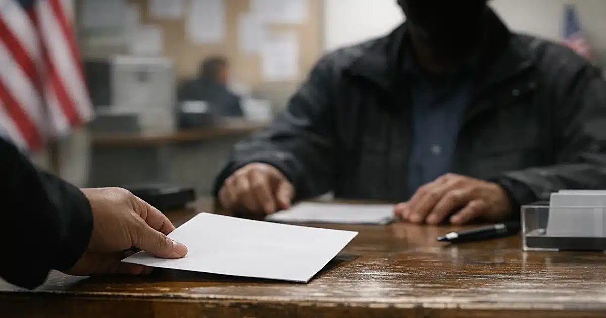 Silhouetted hand sliding voter registration form across municipal desk to official