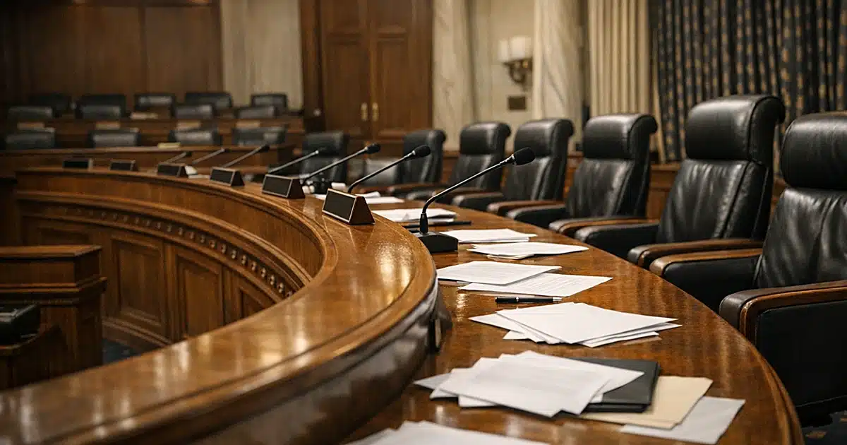 Empty congressional committee hearing room with curved dais, microphones, and scattered papers on polished wood surface