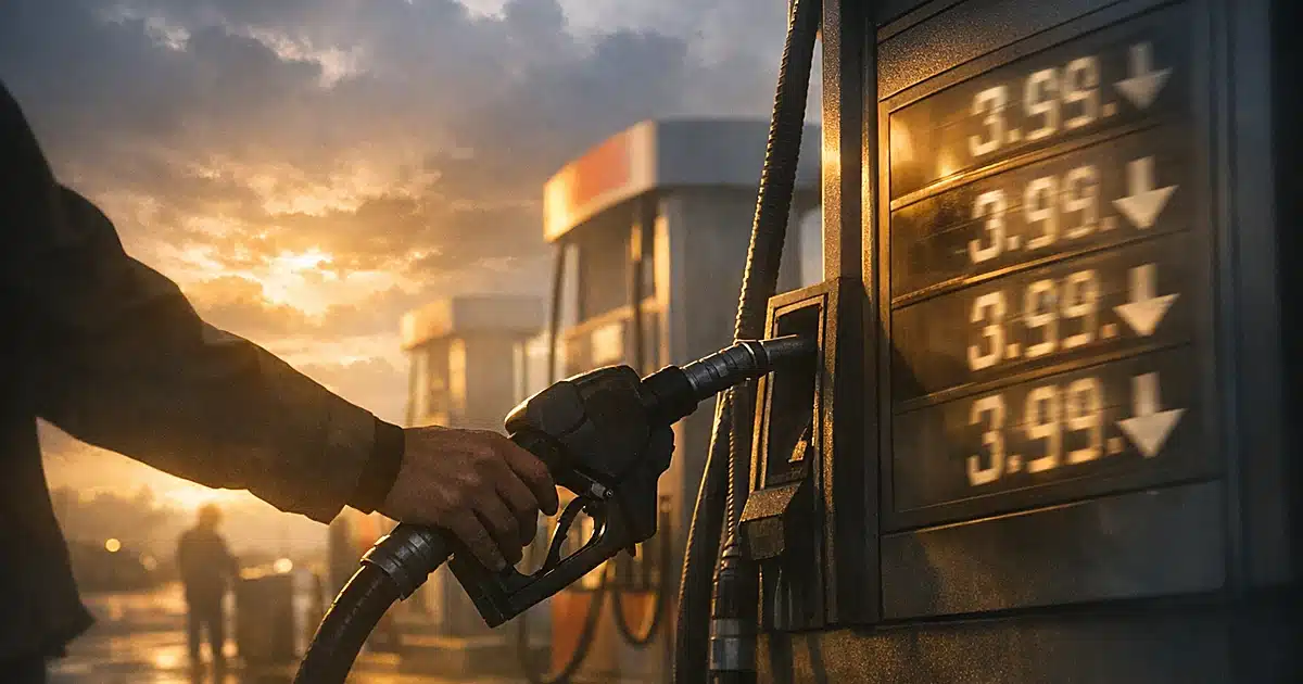 Silhouetted hand at gas pump with descending price display under clearing dawn sky suggesting fuel price relief