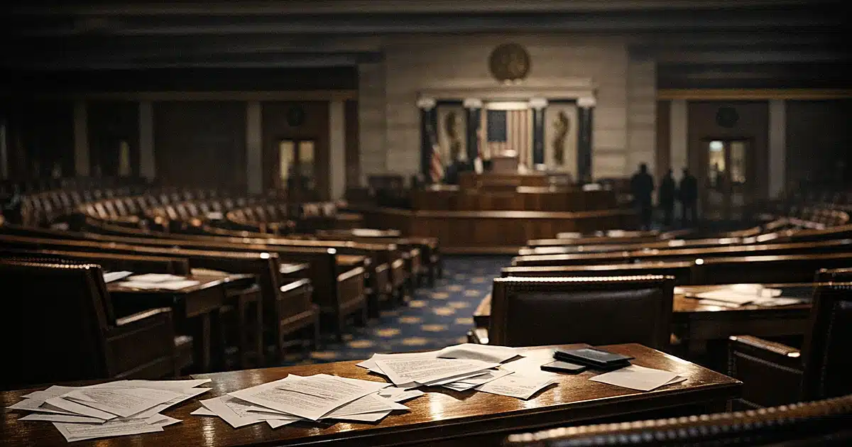 Empty House of Representatives chamber with vacant seats and scattered papers on desks