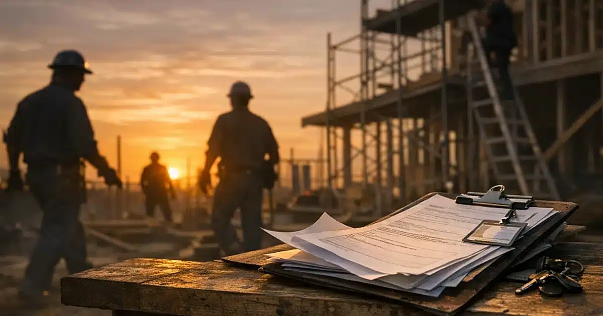 Construction workers in silhouette on job site at dusk with documentation clipboard in foreground