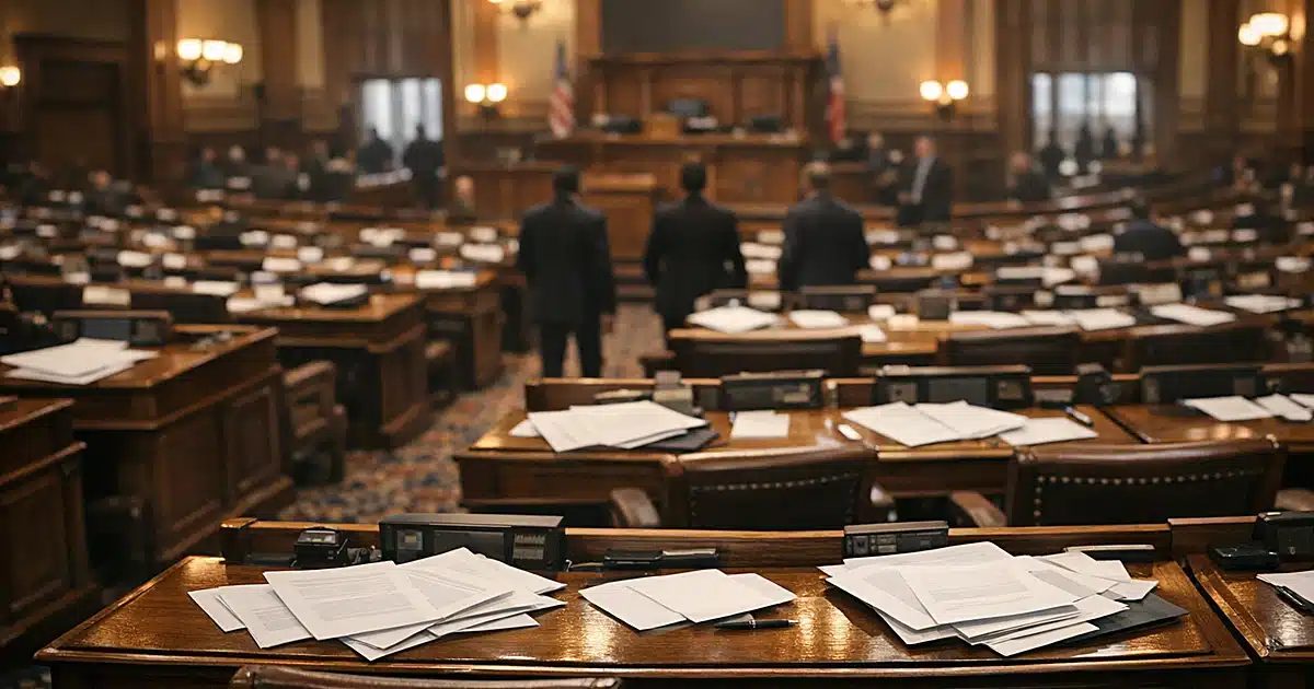 Interior of state legislative chamber with scattered documents on desks and silhouetted figures in aisles