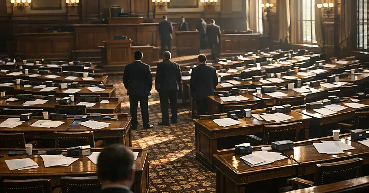 Interior of state legislative chamber with empty desks, scattered papers, and silhouetted figures in aisles