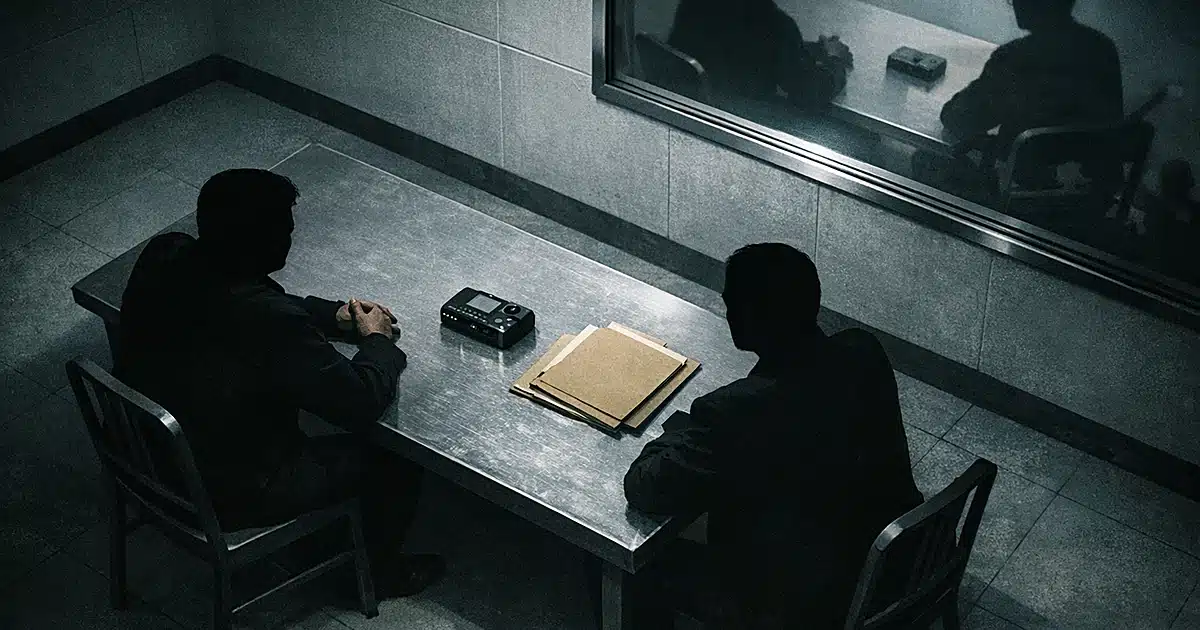 Overhead view of two silhouettes in sparse interview room with recording equipment and observation mirror