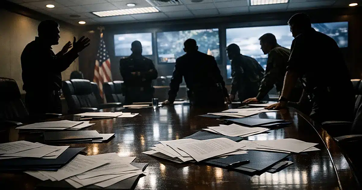 Pentagon briefing room with officials in silhouette around table covered in scattered documents during tense meeting