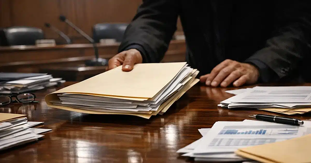 Silhouetted hands sliding financial documents across congressional committee table in formal hearing room
