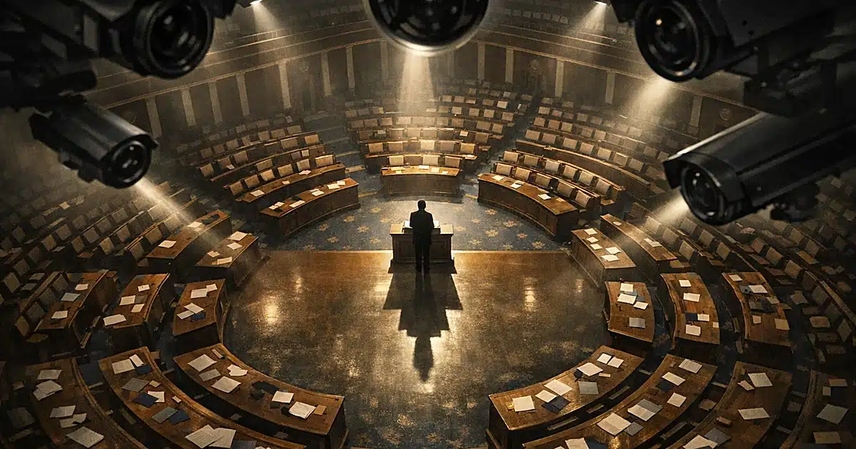 Overhead view of empty congressional chamber with surveillance cameras casting shadows across rows of desks