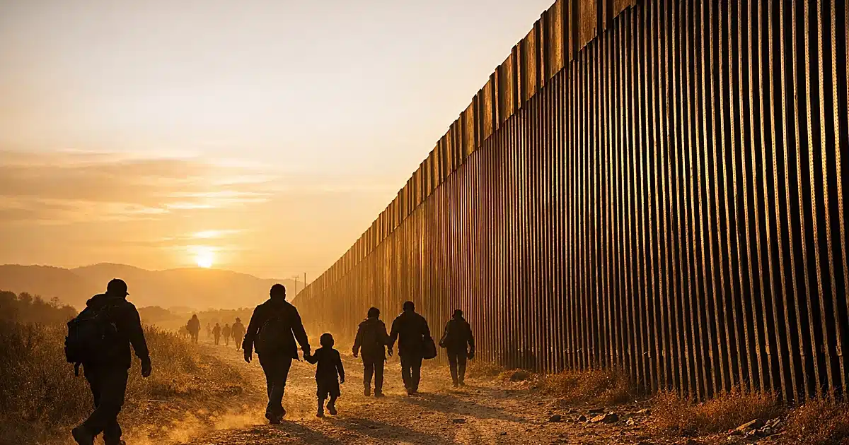 Border fence at dusk with silhouetted figures walking along dirt path in desert landscape