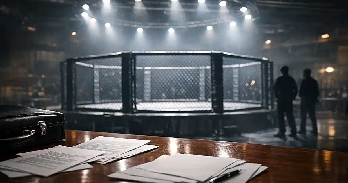 Empty MMA fighting cage in gym with legal documents and briefcase on conference table in foreground