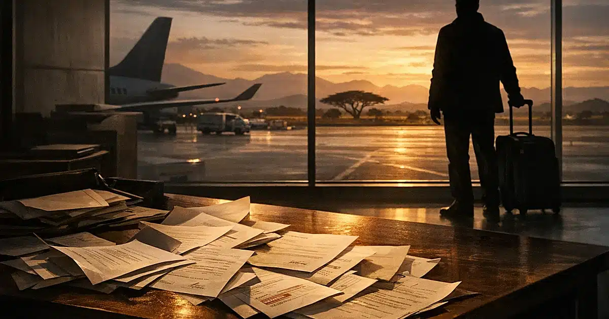 Silhouetted traveler at airport with legal documents scattered on desk in foreground, African landscape beyond