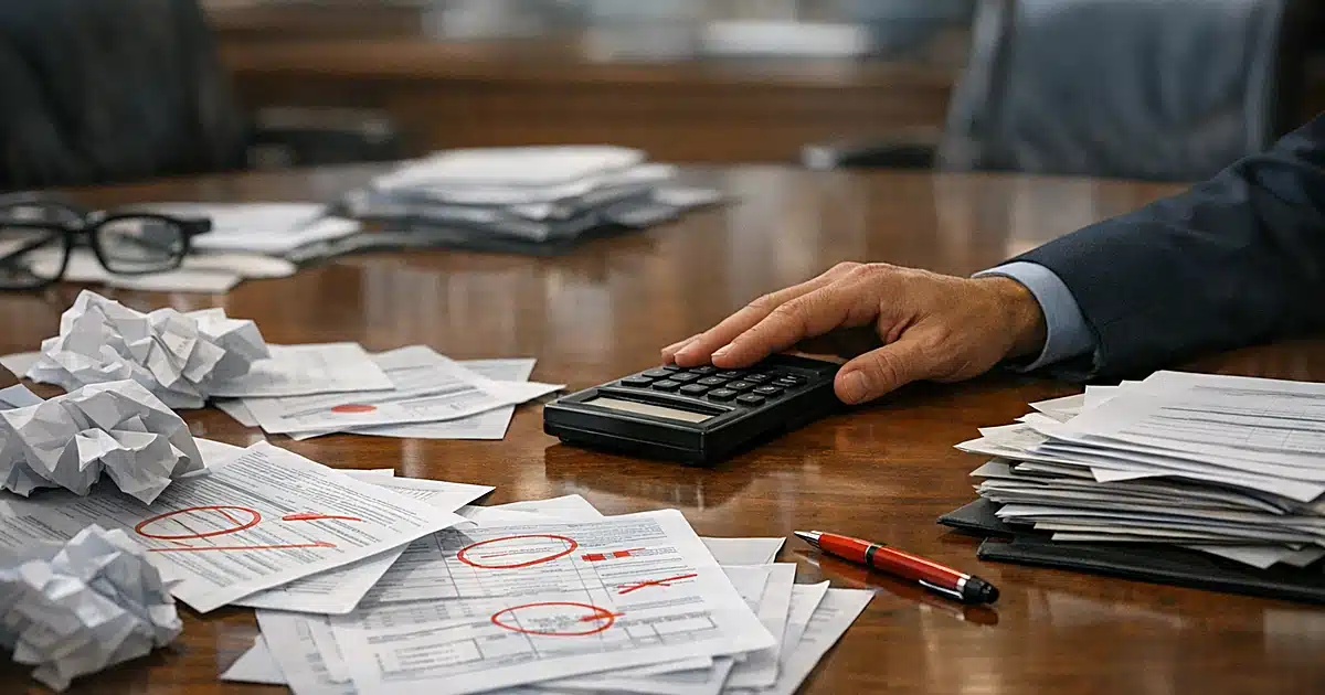 Financial documents scattered on boardroom table with hand pushing calculator across surface