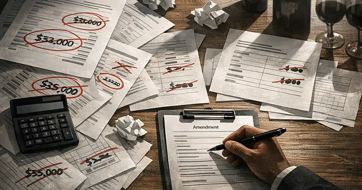 Overhead view of desk with financial documents, calculator, and correction marks showing accounting discrepancies