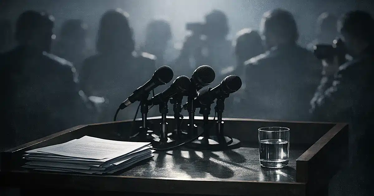 Empty podium with microphones and documents, silhouetted reporters visible from behind in dim lighting