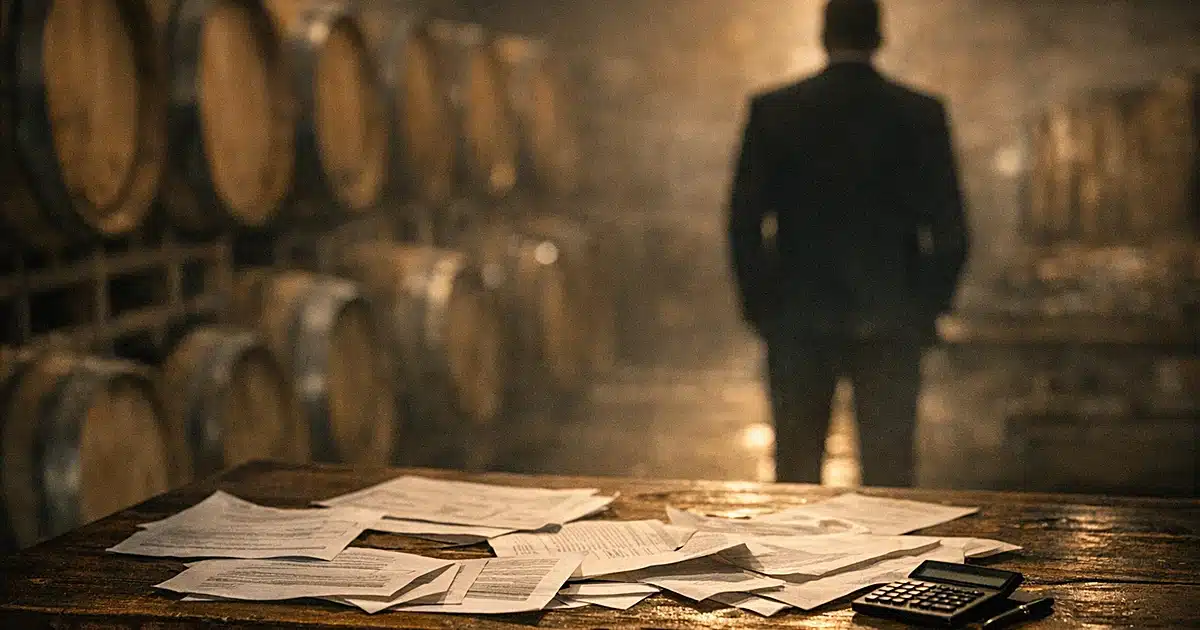 Wine cellar with oak barrels and scattered financial documents on table, silhouetted figure in background