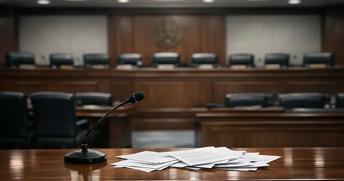 Empty congressional hearing room with witness table and vacant committee seats in neutral indoor lighting