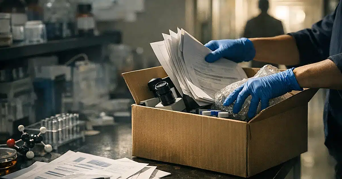 Gloved hands packing research documents into box on laboratory bench with institutional hallway in background