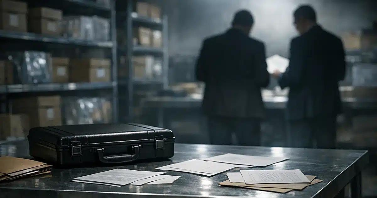 Federal evidence room with documents on metal table and silhouetted investigators in background
