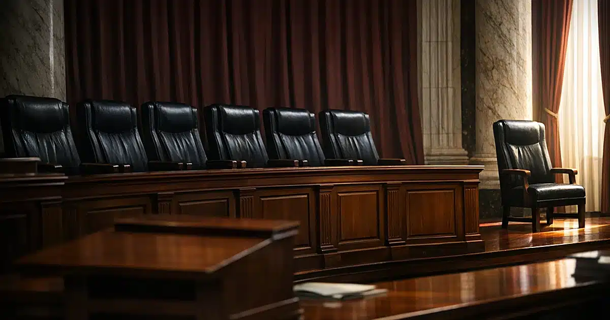 Supreme Court bench with nine leather chairs, one isolated by light while eight remain grouped in shadow