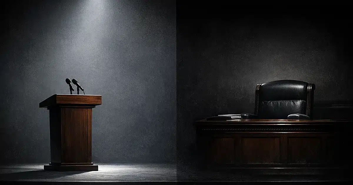 Split scene showing an empty podium under spotlight and a shadowed congressional chair, representing political positions