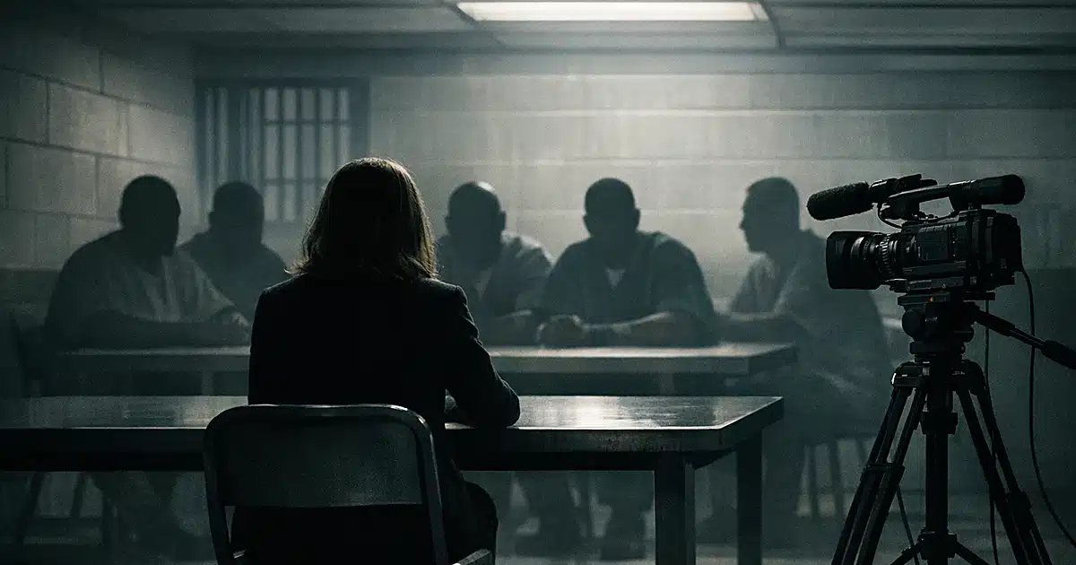 Silhouetted figures in a prison visiting room with documentary camera equipment during an interview session