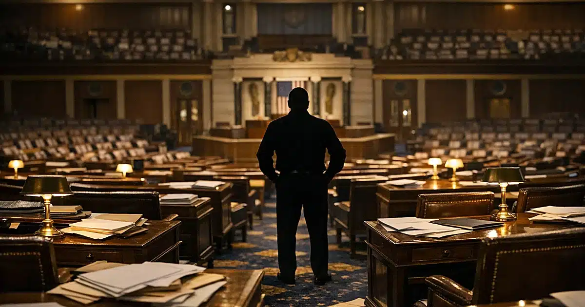 Empty House legislative chamber with scattered papers on desks and silhouetted figure near Speaker's rostrum at dusk