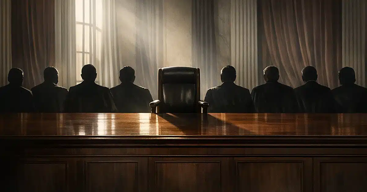 Empty chair at Supreme Court bench with eight silhouetted figures seated, viewed from behind in dramatic lighting