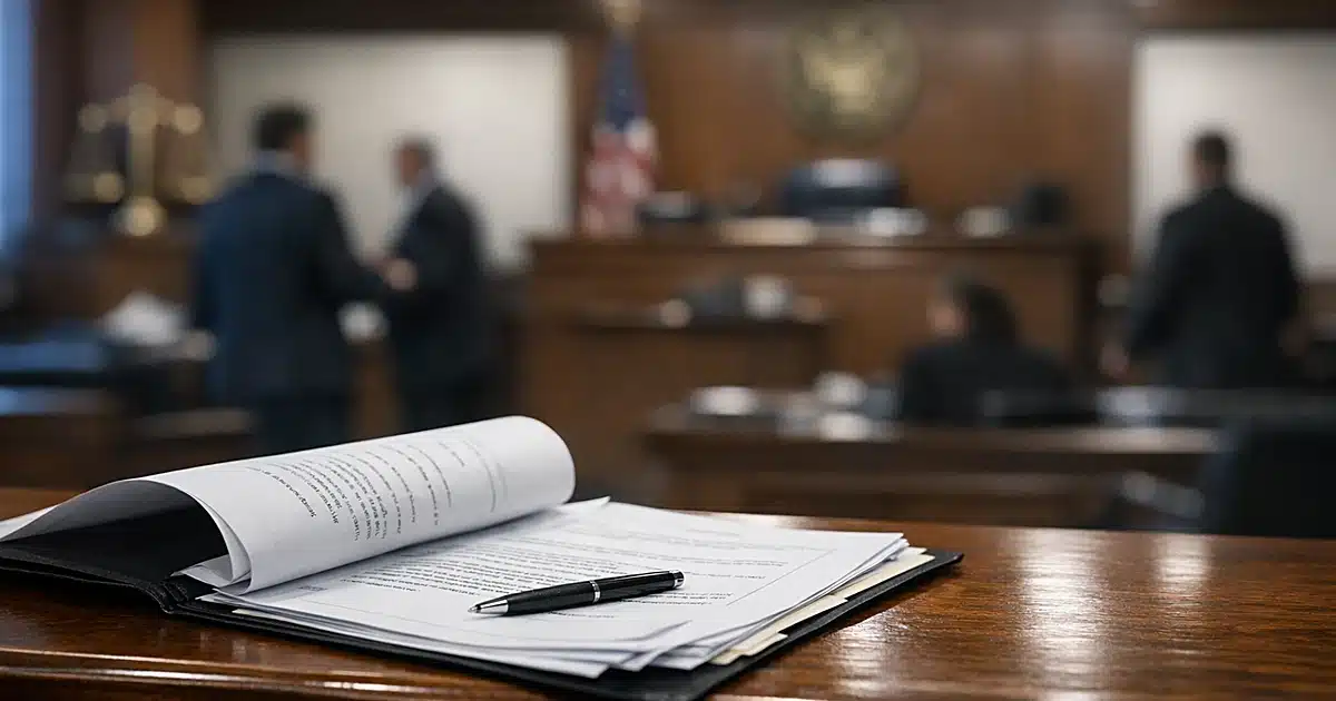 Federal indictment document on courtroom bench with silhouetted figures in background