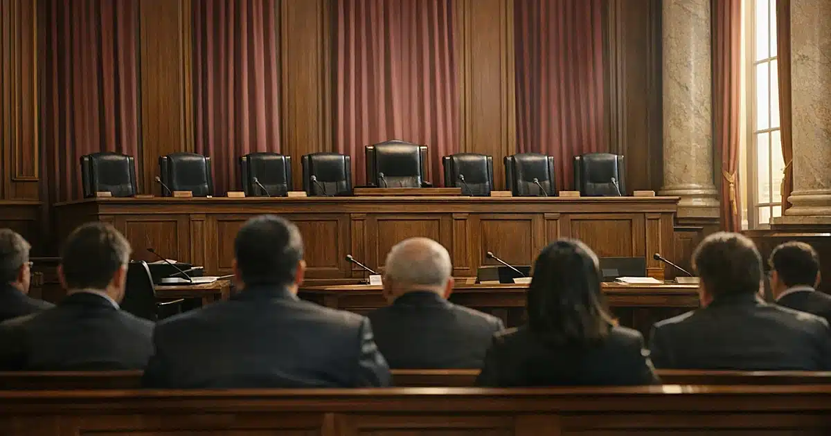 Interior view of Supreme Court courtroom with empty judicial bench and silhouetted figures seated in gallery