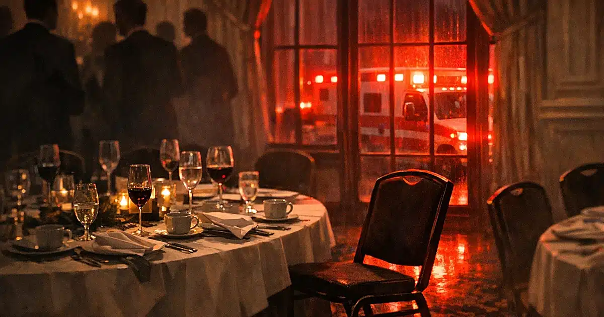 Abandoned formal dinner table with emergency vehicle lights glowing through windows in darkened banquet hall