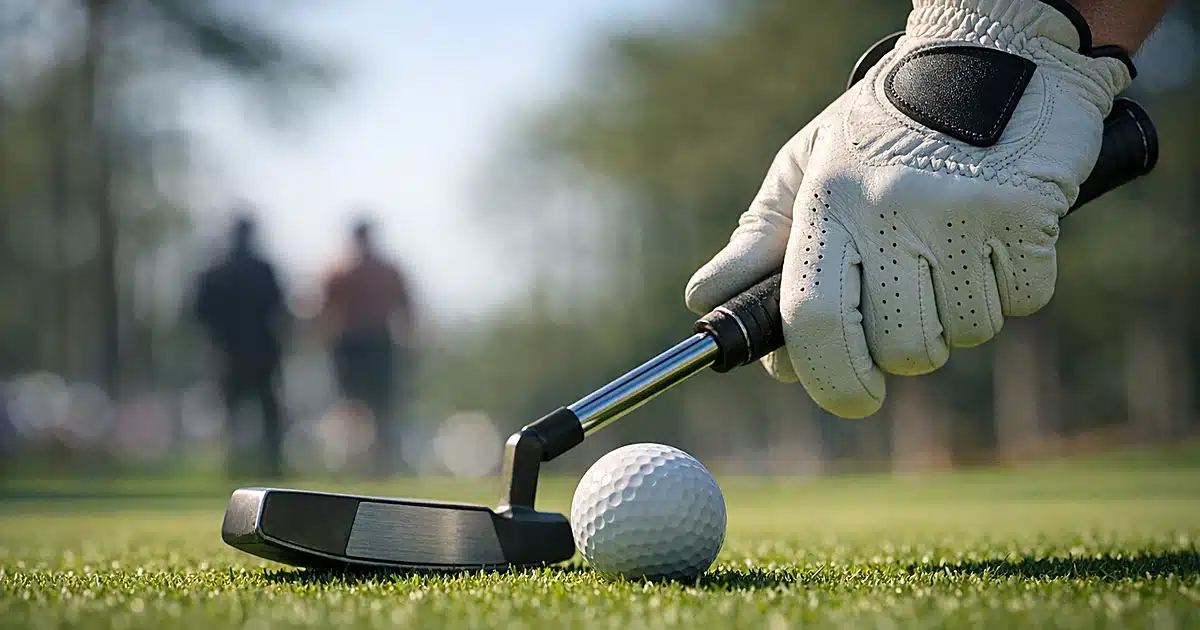 Close-up of golfer's gloved hand gripping putter on green with ball in focus during tournament play