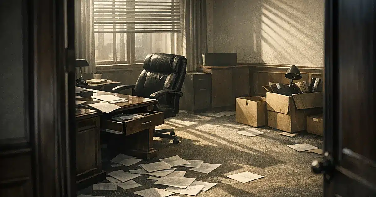 Empty office with abandoned desk, scattered papers, and half-packed boxes suggesting abrupt departure