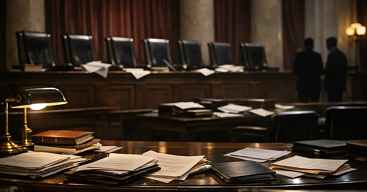 Empty Supreme Court chamber with scattered documents on the judicial bench under dim lighting