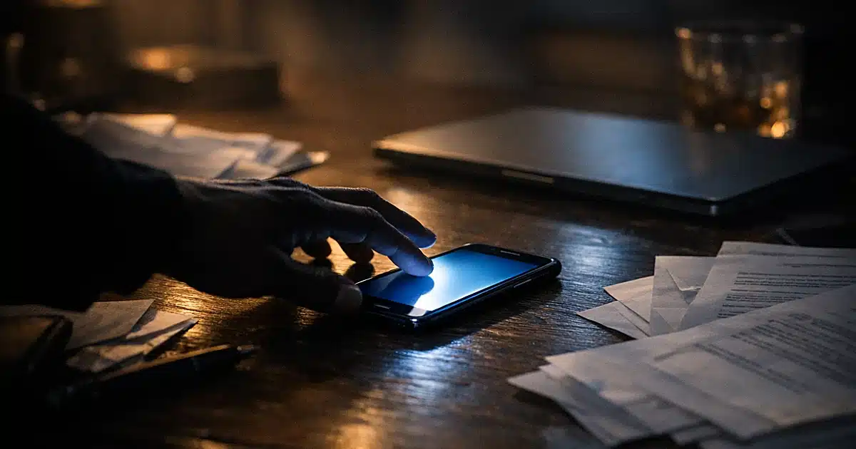 Smartphone glowing on dark desk with silhouetted hand reaching toward it in dim office lighting