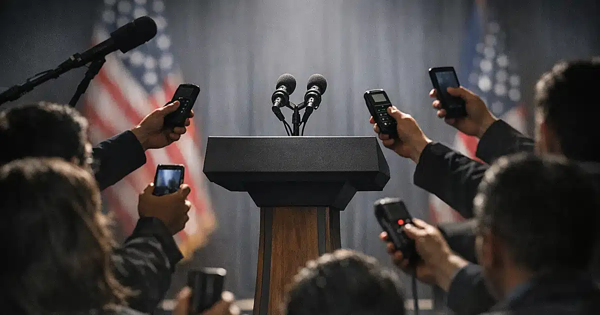 Silhouetted reporters with microphones surrounding empty congressional podium in dramatic lighting