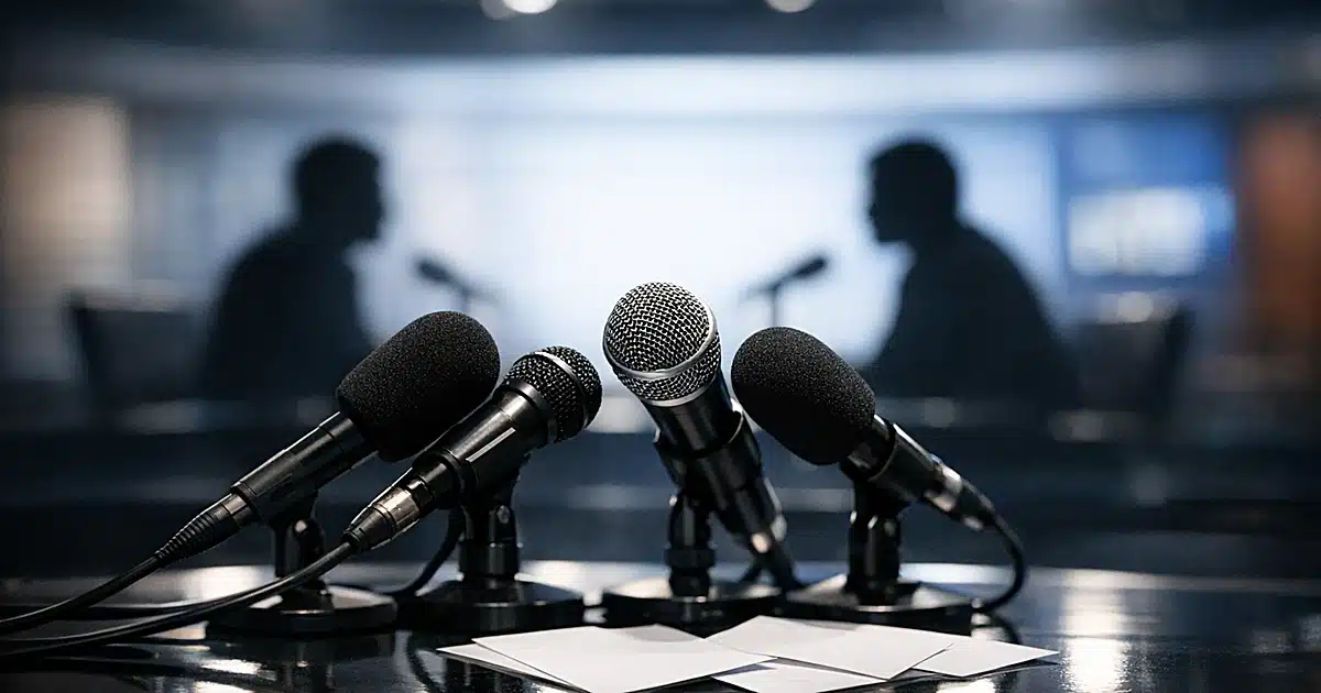 Television studio interview desk with microphones and silhouetted figures in background during political broadcast