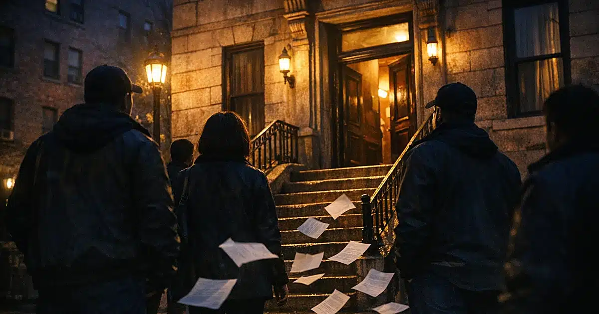 Silhouetted residents gathered outside New York brownstone entrance at dusk holding documents