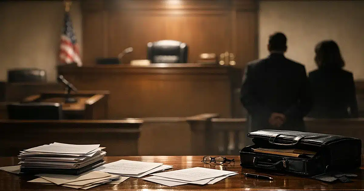 Empty courtroom with scattered legal documents on counsel table, dramatic overhead lighting creating shadows