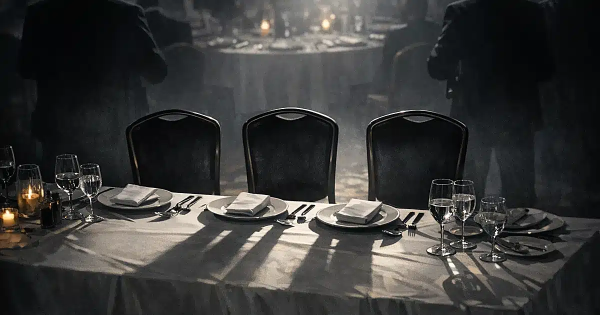 Three empty chairs at formal dinner table with security silhouettes in background, dramatic lighting