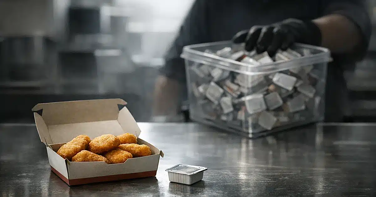 Chicken nuggets with single sauce packet while hand withholds container of additional packets behind counter