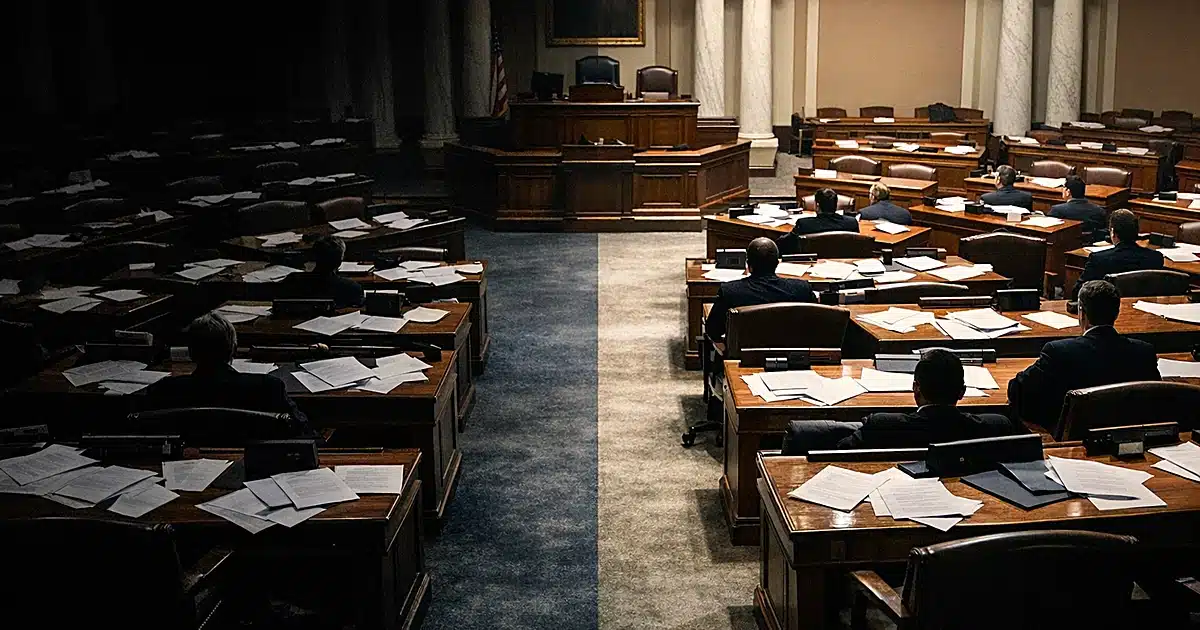 Minnesota legislative chamber with desks and scattered papers, half in shadow and half lit, showing partisan divide