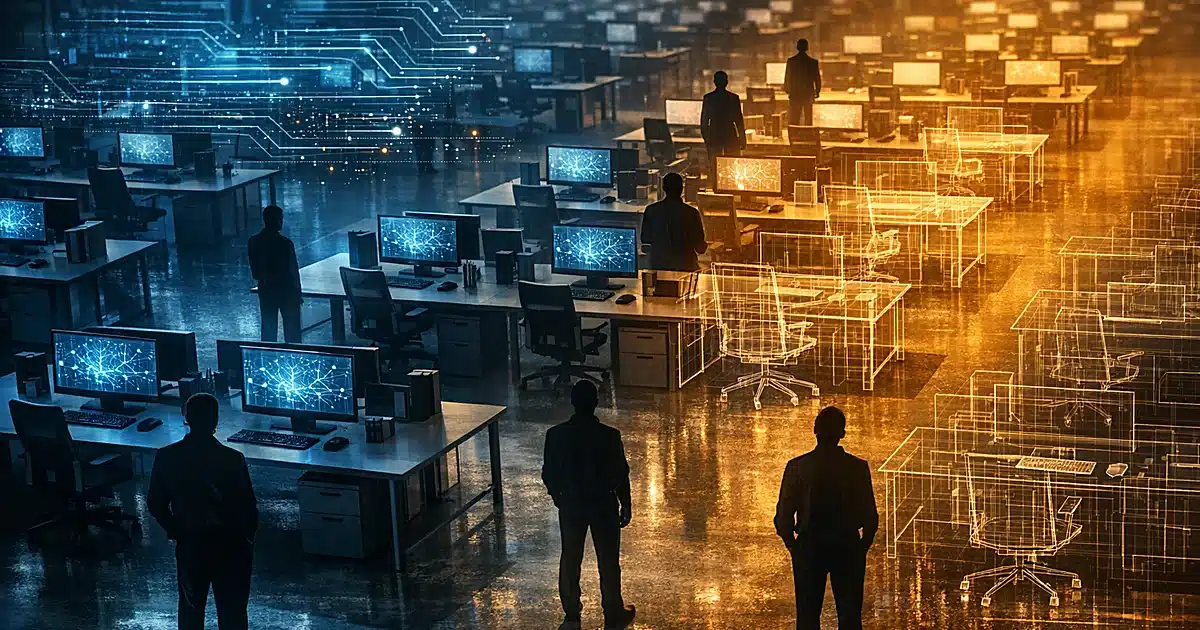 Aerial view of office with empty desks, human silhouettes, and glowing AI neural network patterns on computer screens