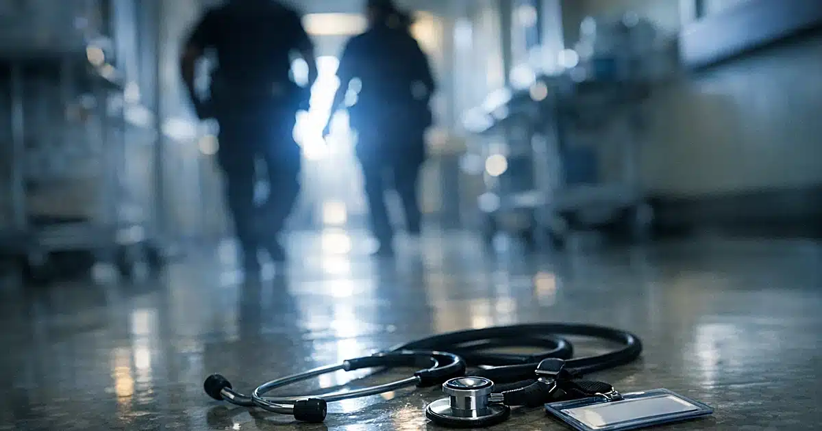 Hospital corridor at dawn with abandoned medical equipment and emergency responders in silhouette