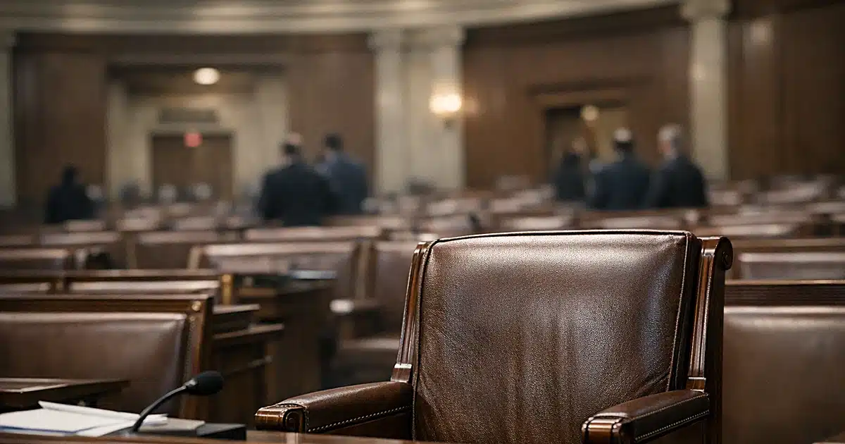 Empty leather seat in House legislative chamber with rows of seats extending behind in soft focus