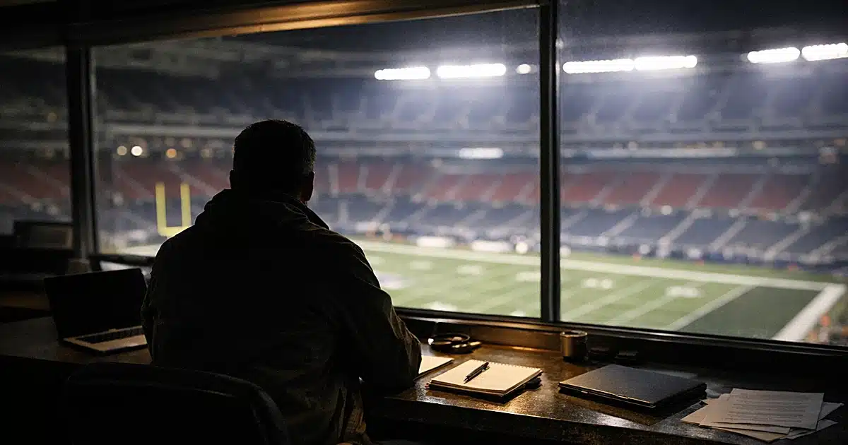 Silhouetted reporter in press box overlooking illuminated empty NFL stadium at night