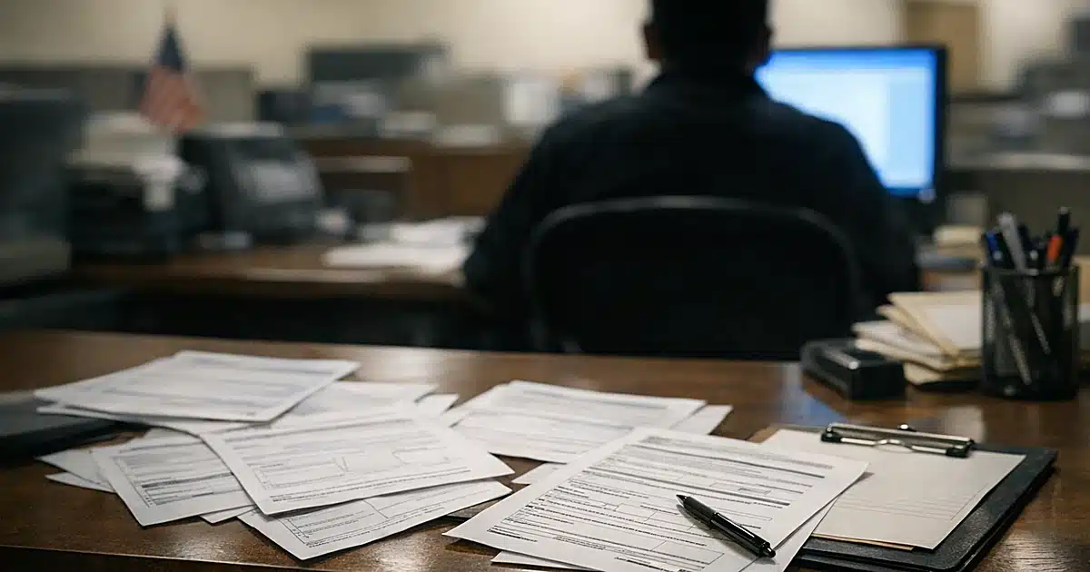 Voter registration processing desk with scattered forms and silhouetted clerk at computer workstation