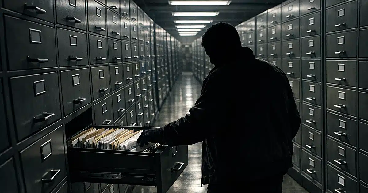 Silhouetted worker accessing filing cabinets in large government records storage facility with rows of voter files