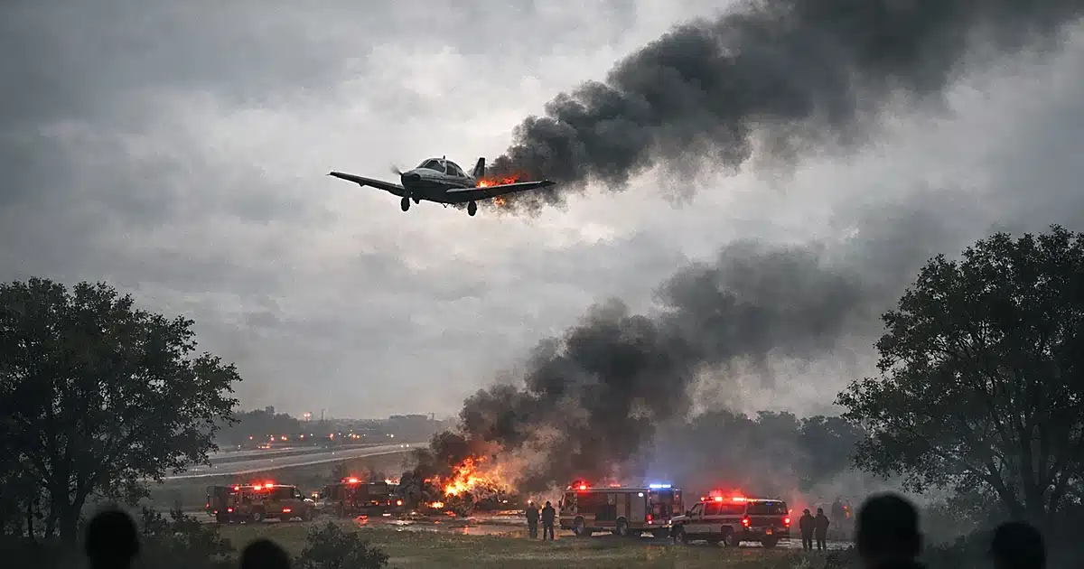 Small plane trailing smoke at low altitude above suburban park with emergency vehicle lights below