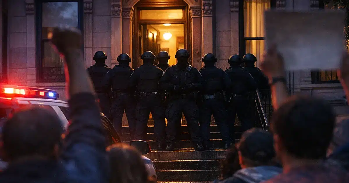 Police officers form barrier on Brooklyn residential street steps during eviction enforcement at dusk